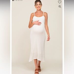 White Open Knit Crochet Maternity Midi Dress